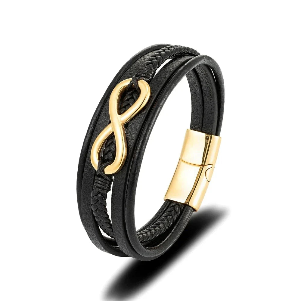 Eterna Braided Leather Bracelet – Multilayer Woven Design with Black Stainless Steel, Classic Infinity Style for Men