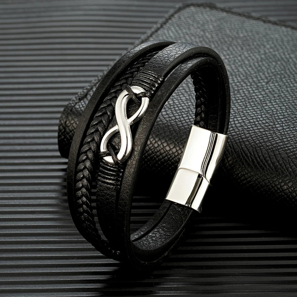 Eterna Braided Leather Bracelet – Multilayer Woven Design with Black Stainless Steel, Classic Infinity Style for Men