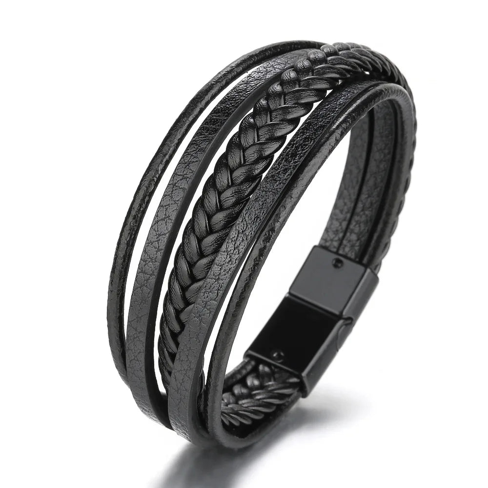 Nemausus Trendy Leather Bracelet for Men – Stainless Steel Multilayer Braided Rope