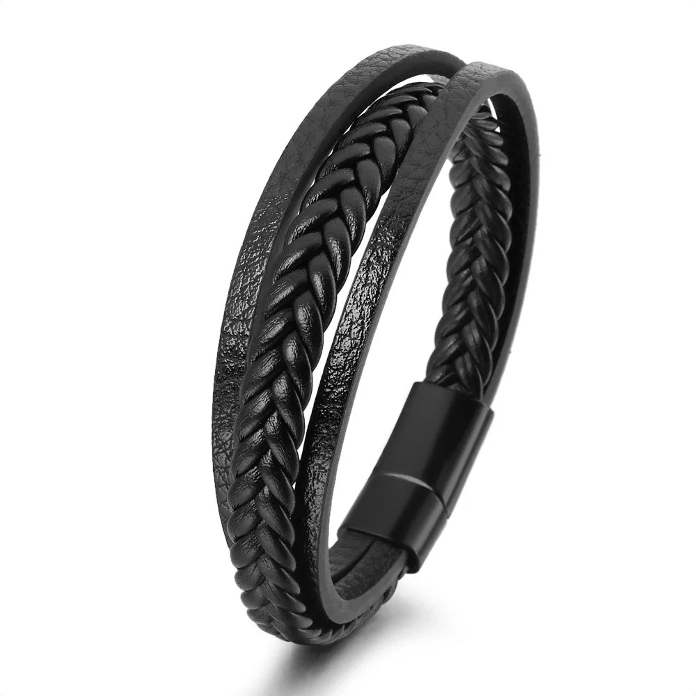 Nemausus Trendy Leather Bracelet for Men – Stainless Steel Multilayer Braided Rope