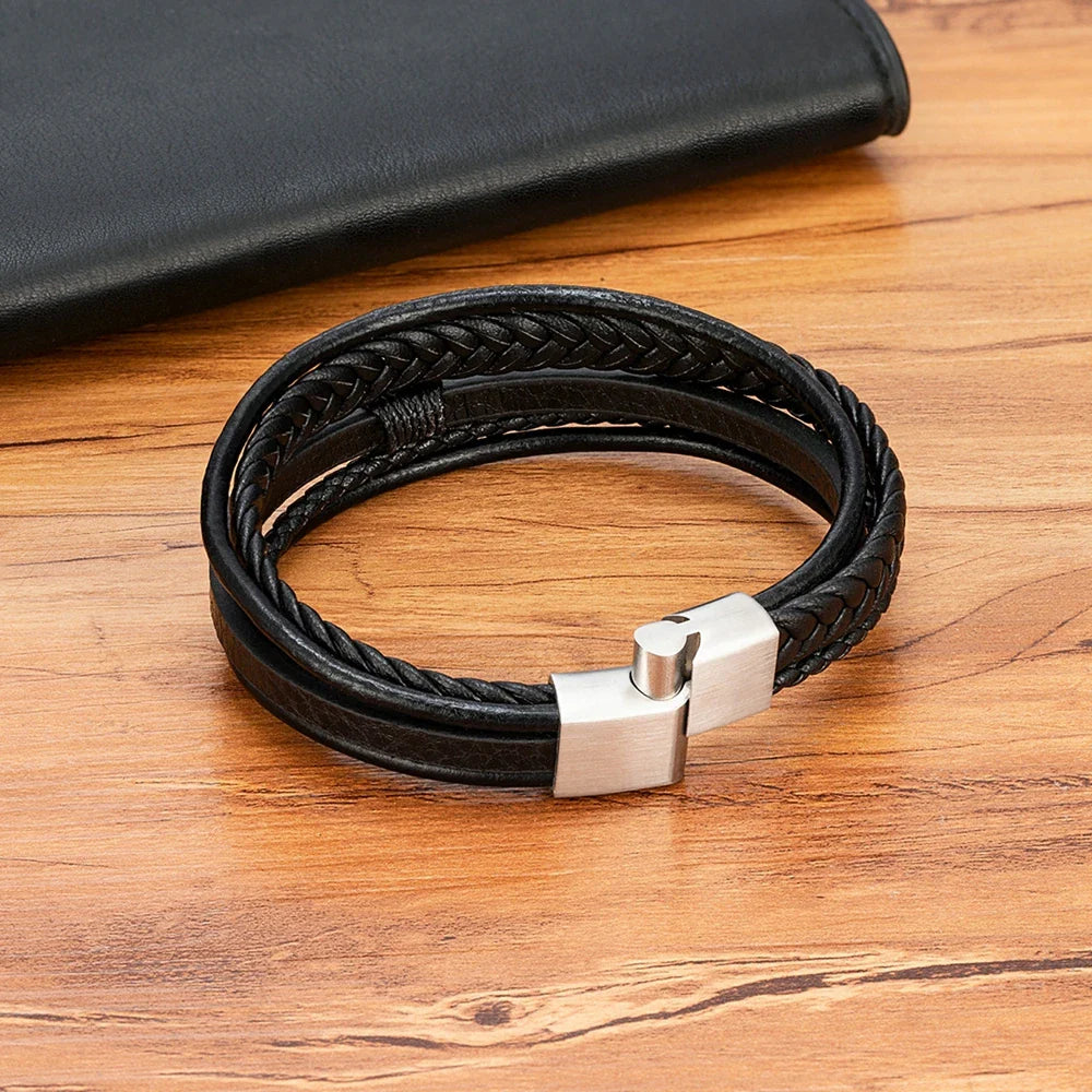 Casilinum Woven Leather Bracelet – Luxury Multilayer Magnetic Bangle for Men