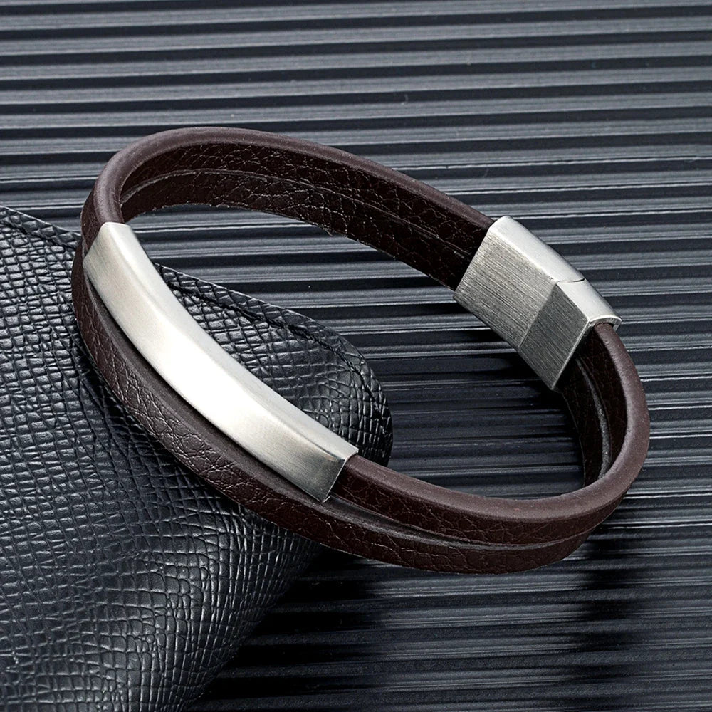 NoirBound Leather Bracelet – Double Strand Handmade Design with Matte Black Stainless Steel Clasp, Sleek and Minimalist Style for Men