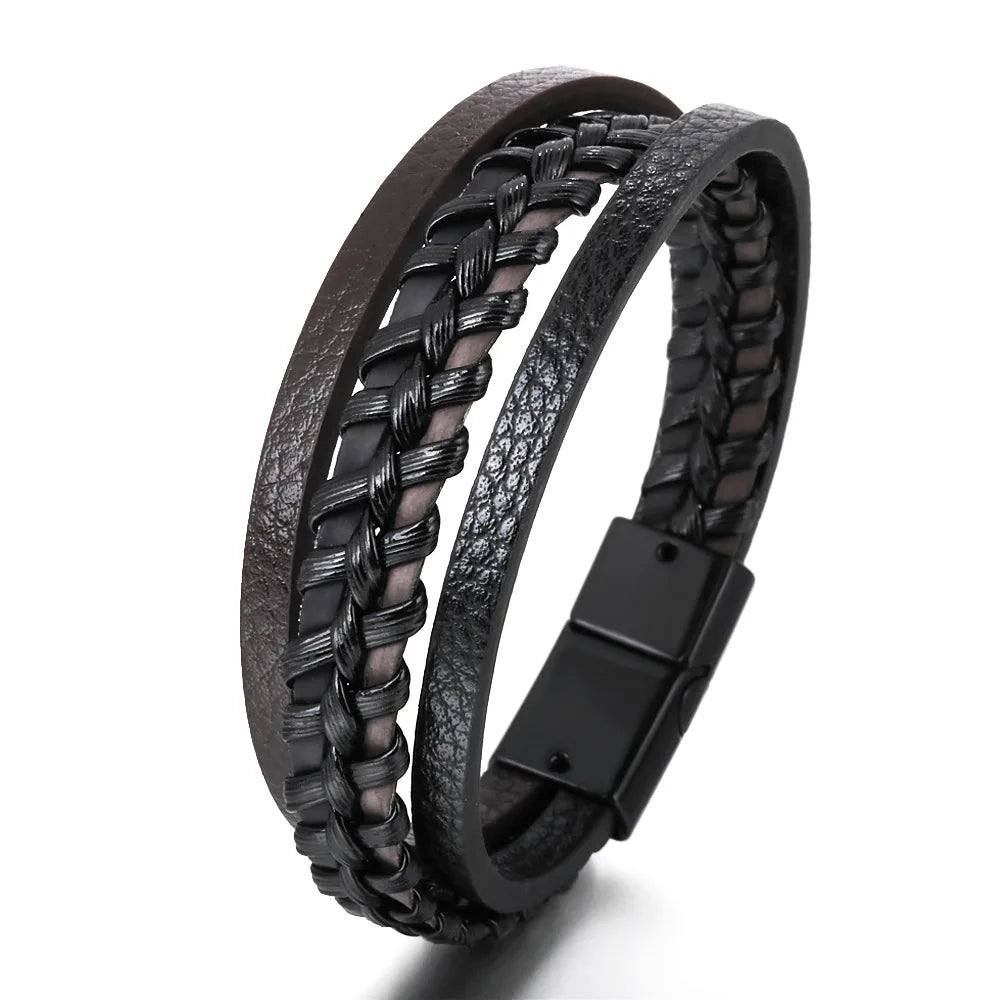 Nemausus Trendy Leather Bracelet for Men – Stainless Steel Multilayer Braided Rope
