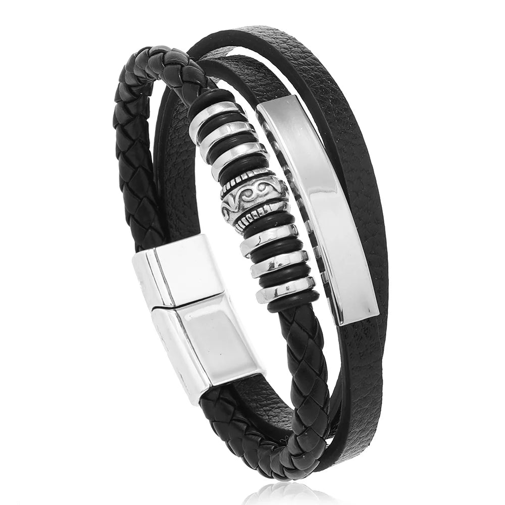 Nemausus Trendy Leather Bracelet for Men – Stainless Steel Multilayer Braided Rope