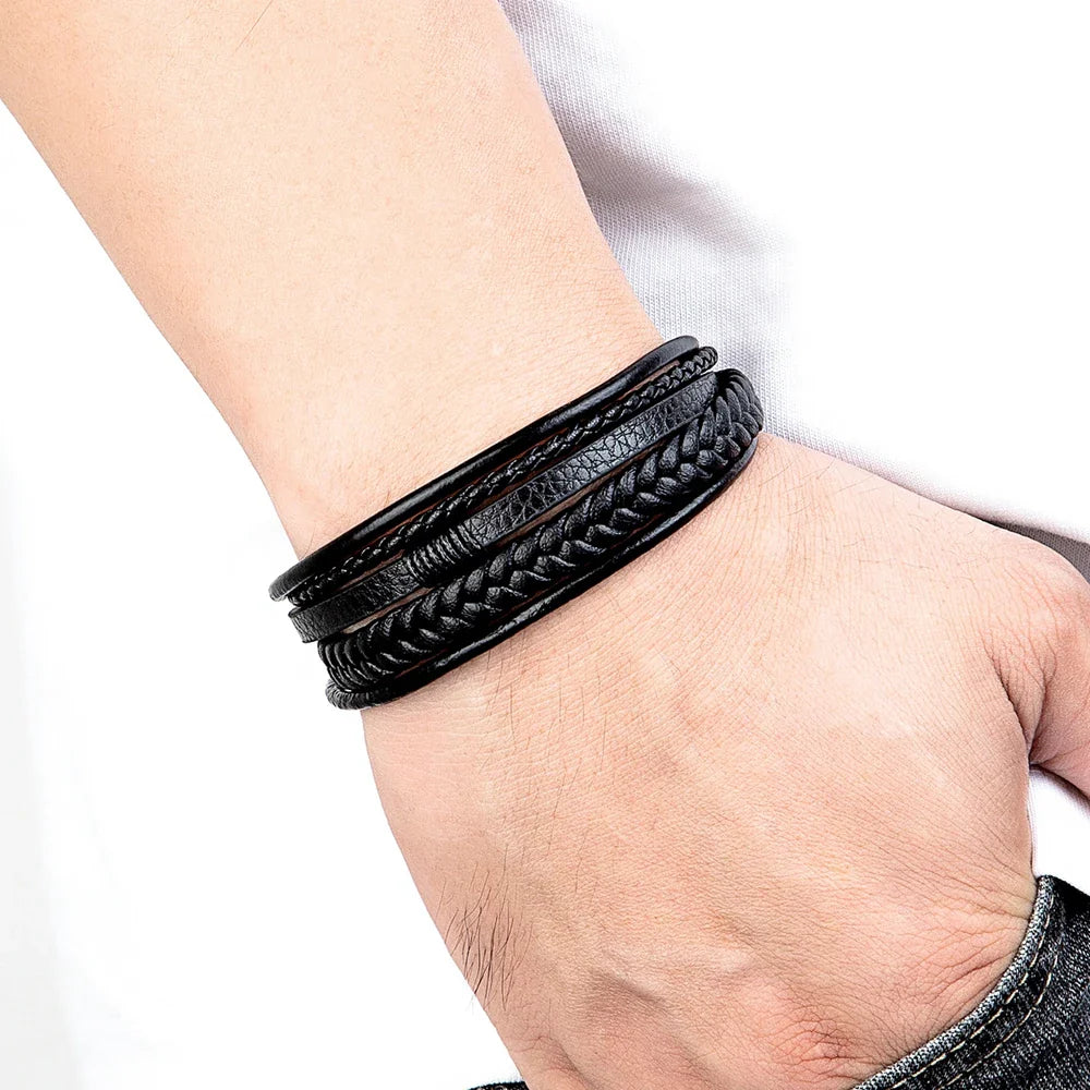 Casilinum Woven Leather Bracelet – Luxury Multilayer Magnetic Bangle for Men