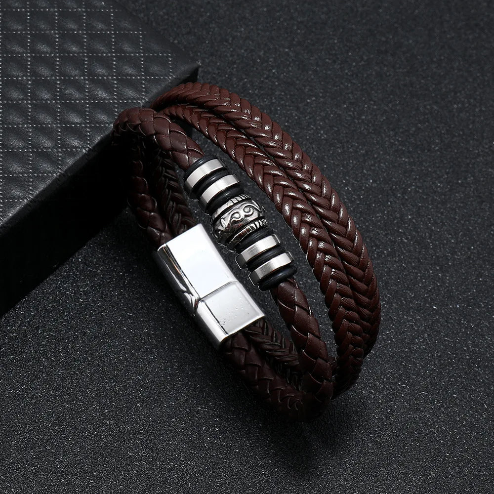Nemausus Trendy Leather Bracelet for Men – Stainless Steel Multilayer Braided Rope
