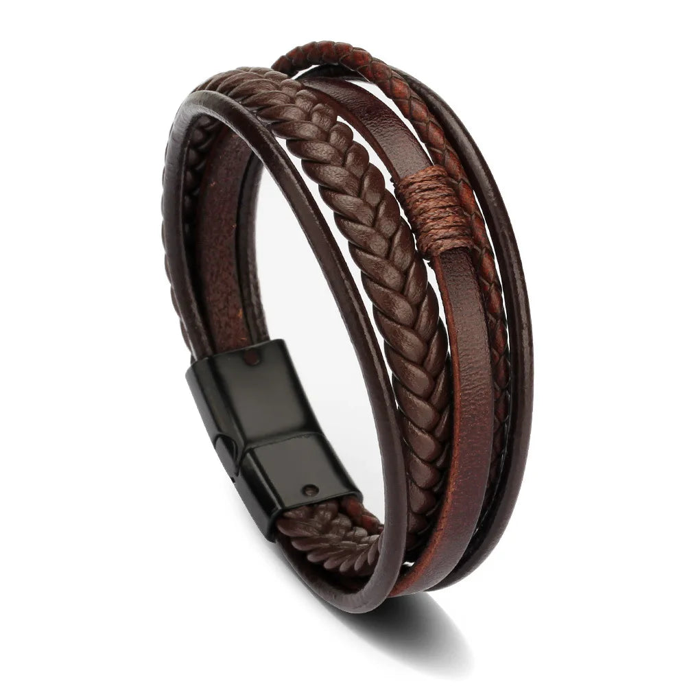 Nemausus Trendy Leather Bracelet for Men – Stainless Steel Multilayer Braided Rope