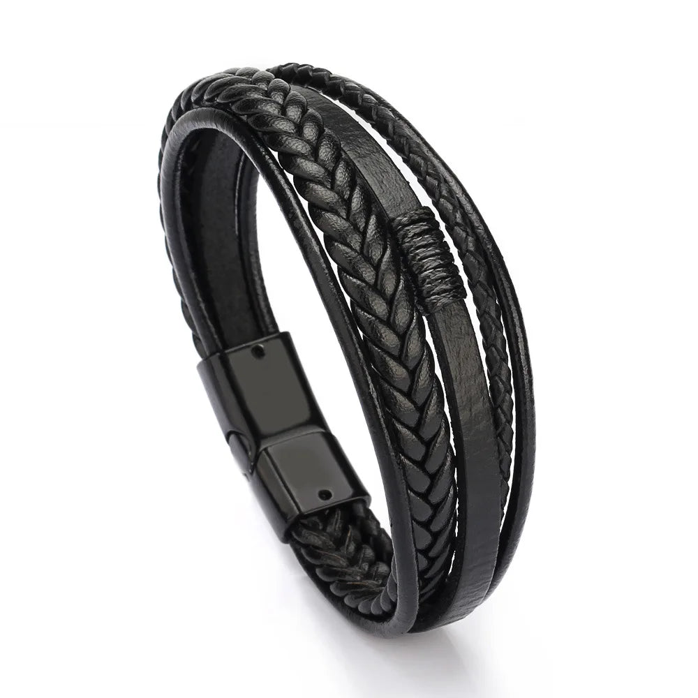 Nemausus Trendy Leather Bracelet for Men – Stainless Steel Multilayer Braided Rope