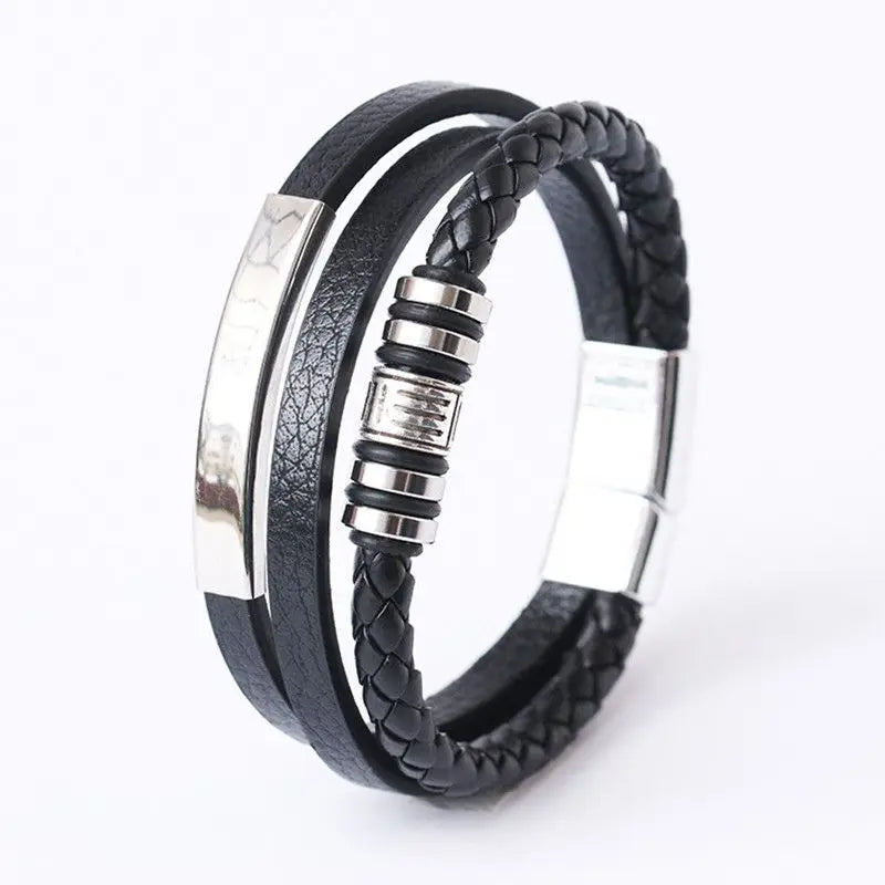 Nemausus Trendy Leather Bracelet for Men – Stainless Steel Multilayer Braided Rope
