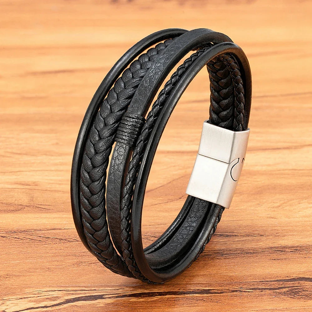 Casilinum Woven Leather Bracelet – Luxury Multilayer Magnetic Bangle for Men