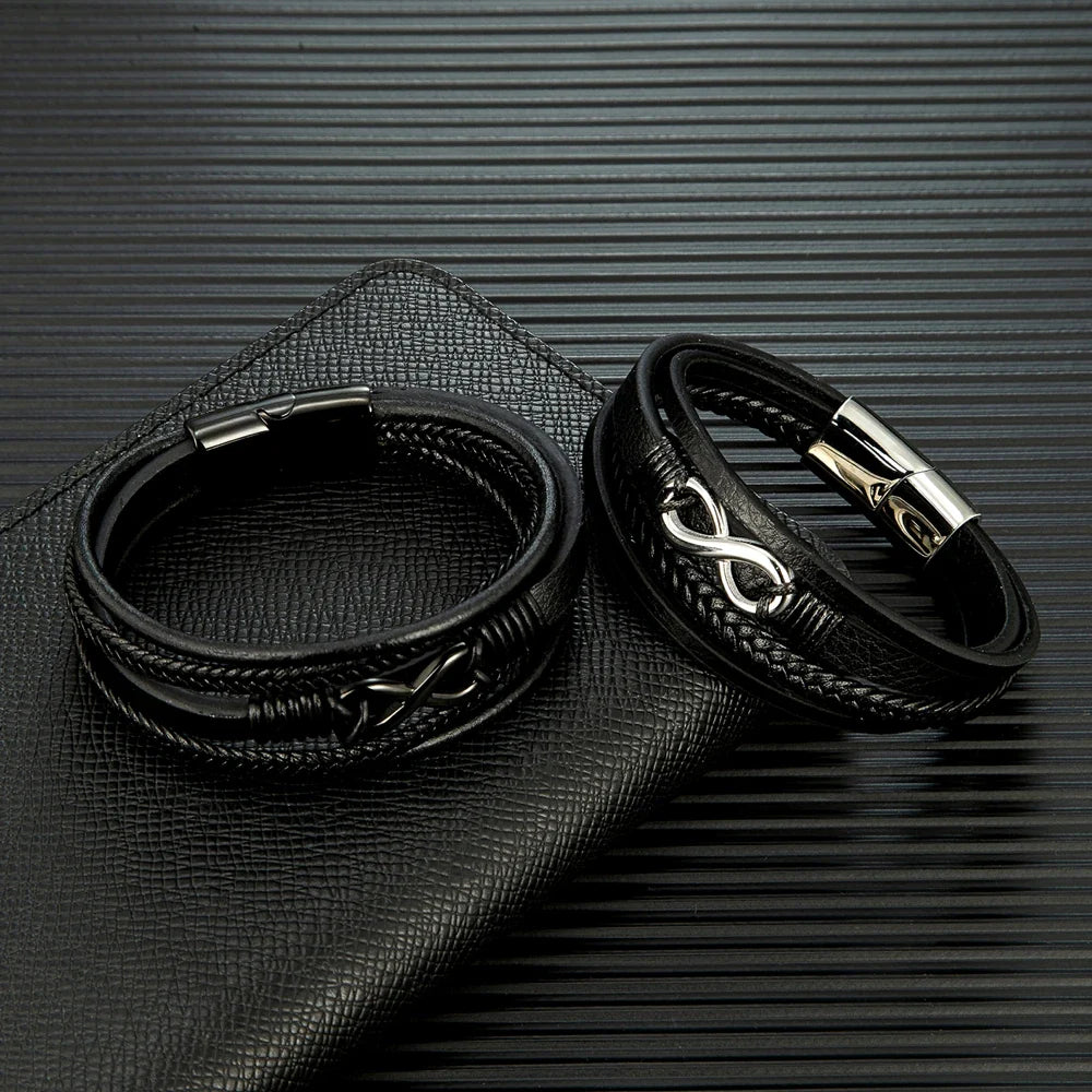 Eterna Braided Leather Bracelet – Multilayer Woven Design with Black Stainless Steel, Classic Infinity Style for Men