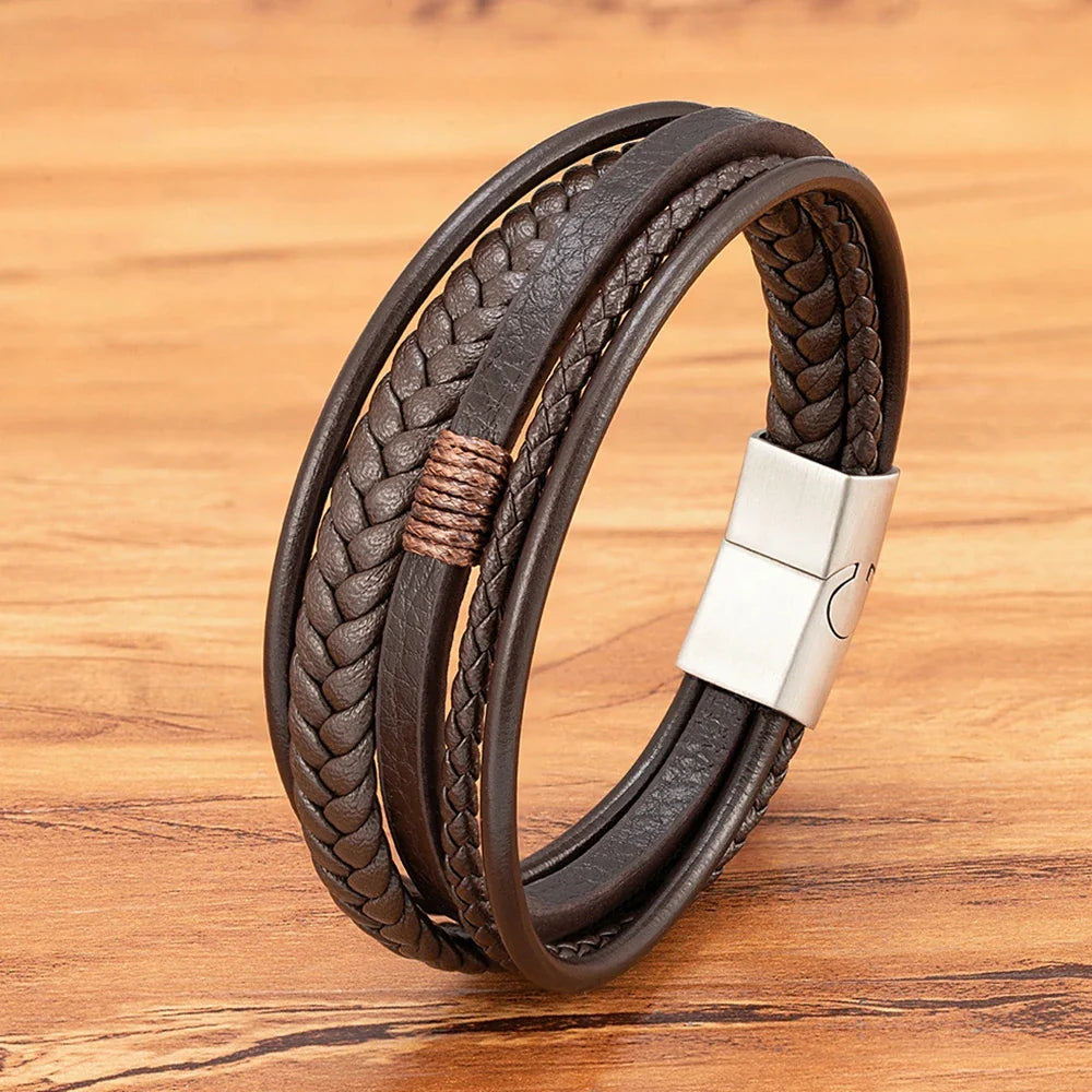 Casilinum Woven Leather Bracelet – Luxury Multilayer Magnetic Bangle for Men