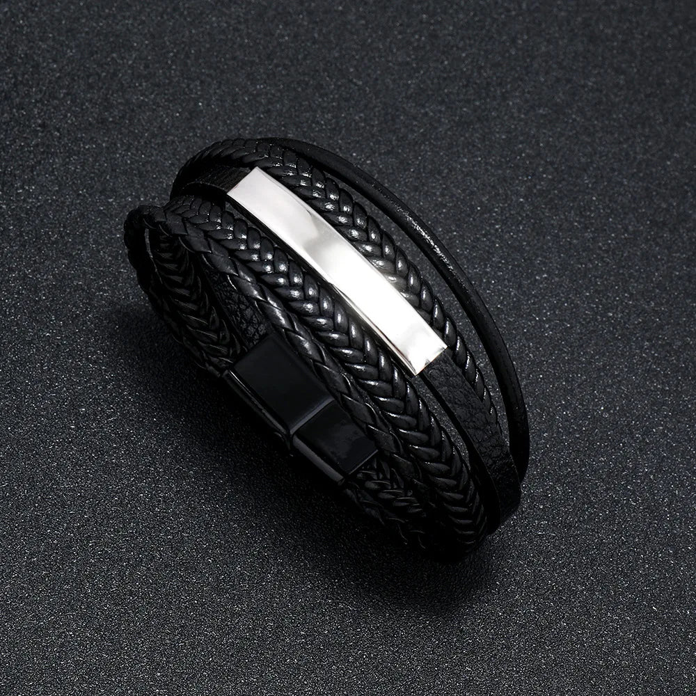 Nemausus Trendy Leather Bracelet for Men – Stainless Steel Multilayer Braided Rope