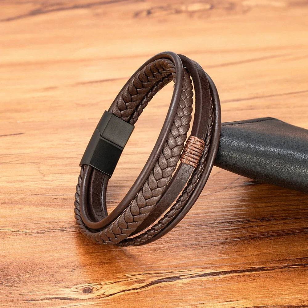 Casilinum Woven Leather Bracelet – Luxury Multilayer Magnetic Bangle for Men
