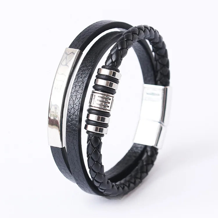 Nemausus Trendy Leather Bracelet for Men – Stainless Steel Multilayer Braided Rope