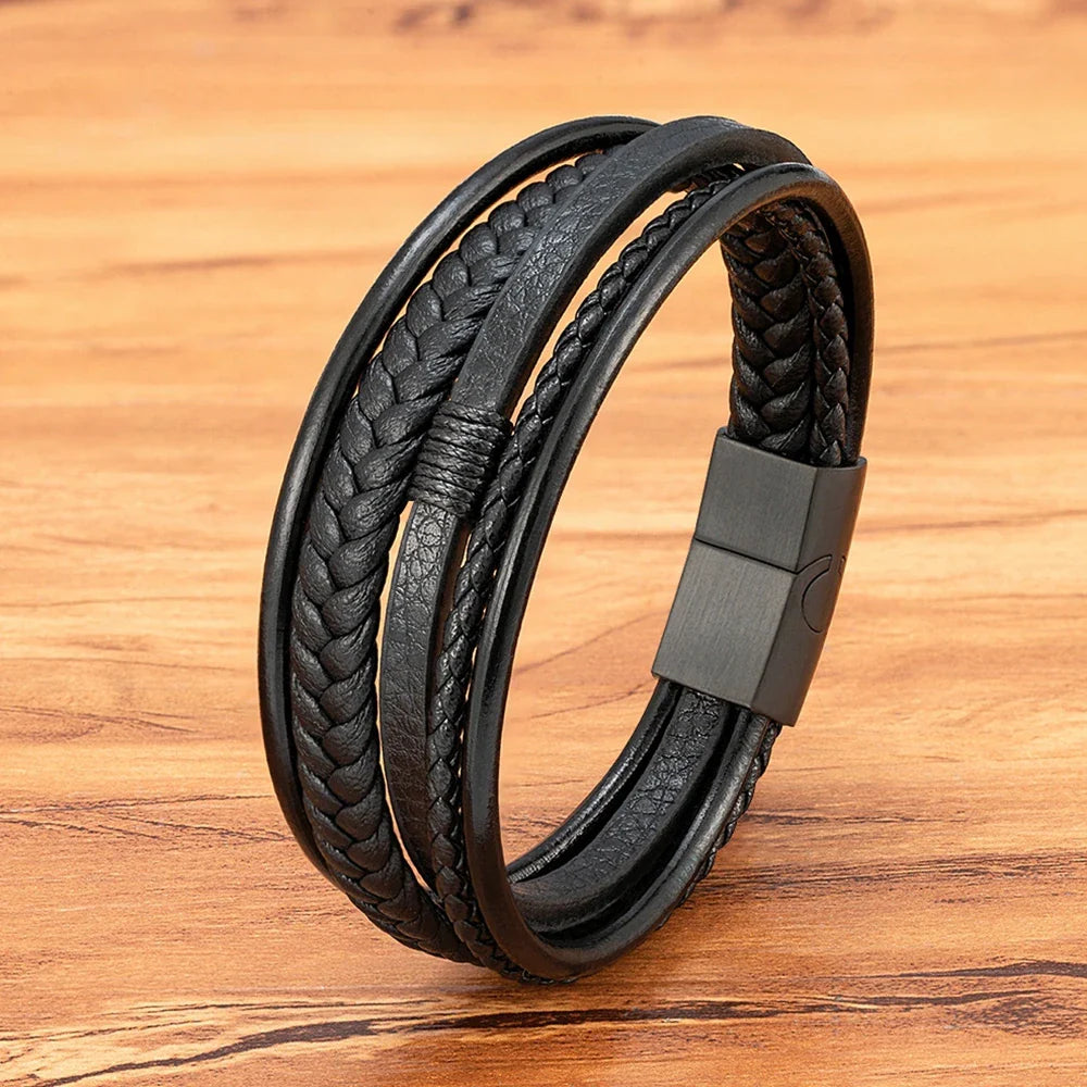 Casilinum Woven Leather Bracelet – Luxury Multilayer Magnetic Bangle for Men