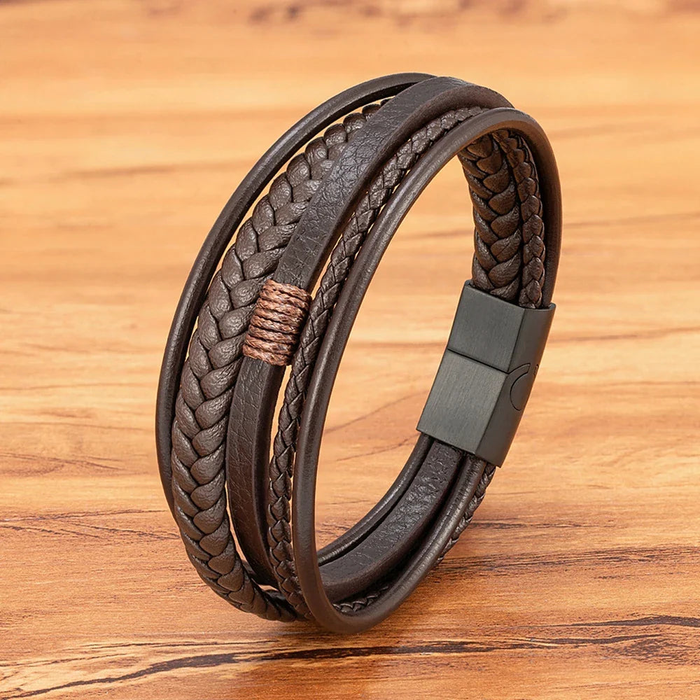 Casilinum Woven Leather Bracelet – Luxury Multilayer Magnetic Bangle for Men