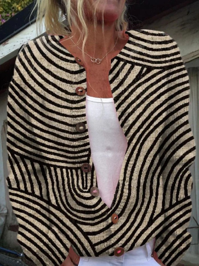Cardigan-Pullover mit Knopfleiste und Retro-Linienmuster-Print