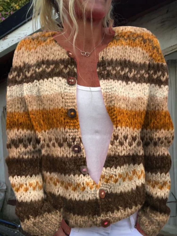 Cardigan-Pullover mit Knopfleiste und gestreiftem Colour-Block-Print