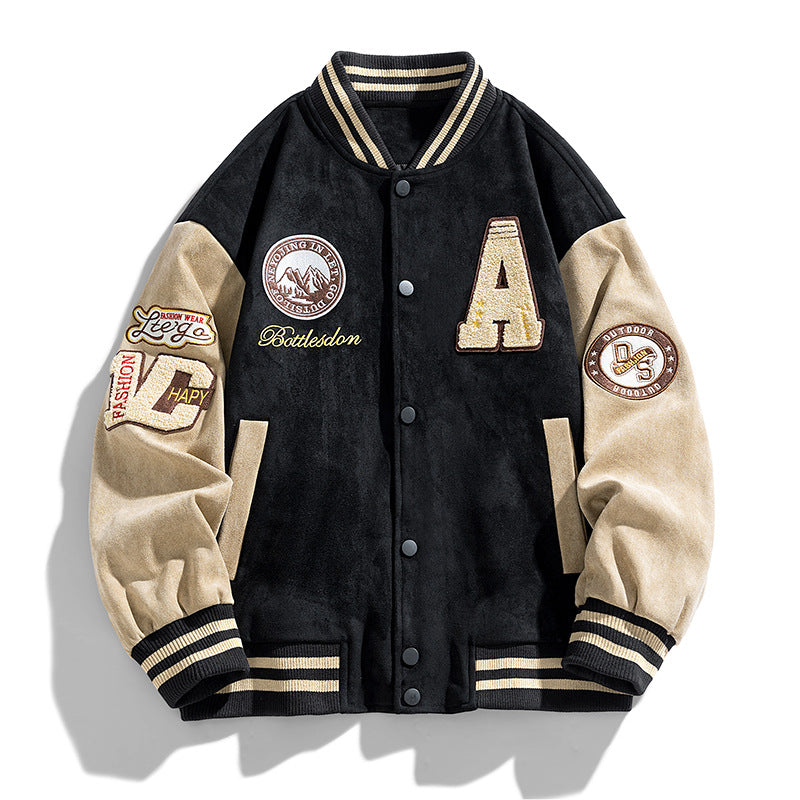 Herren Herbst-Baseballjacke mit Buchstaben-Patches und Seitentaschen