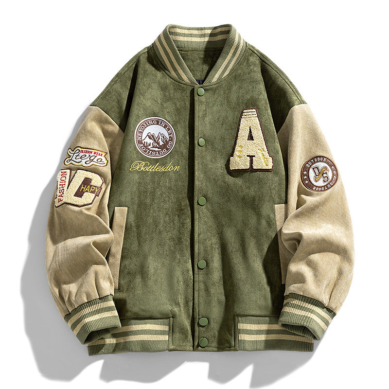 Herren Herbst-Baseballjacke mit Buchstaben-Patches und Seitentaschen