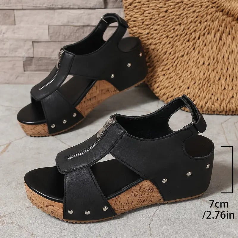 HANNA - Stylische Retro-Wedgesandalen mit Reißverschluss