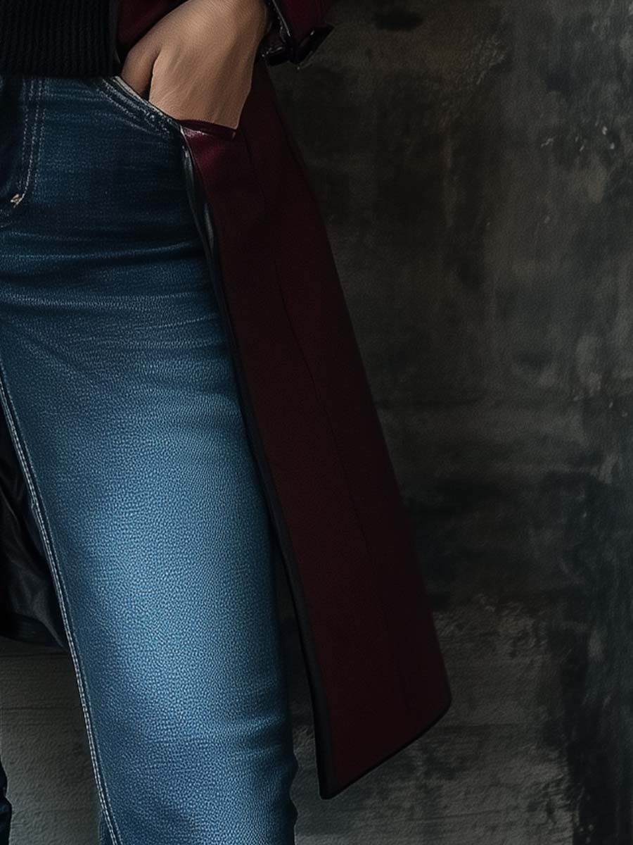 Damen Retro-Ledermantel mit Kontrastfarben und Stehkragen