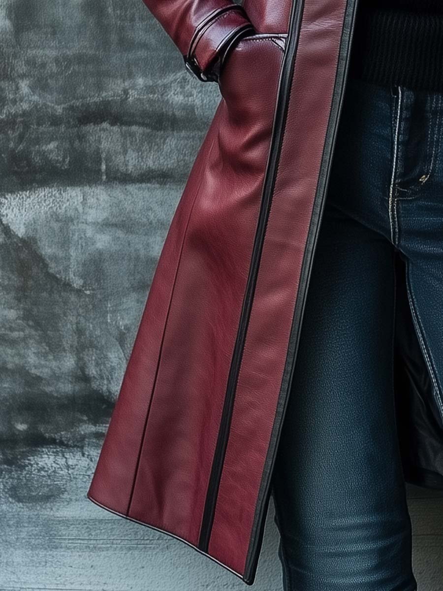Damen Retro-Ledermantel mit Kontrastfarben und Stehkragen