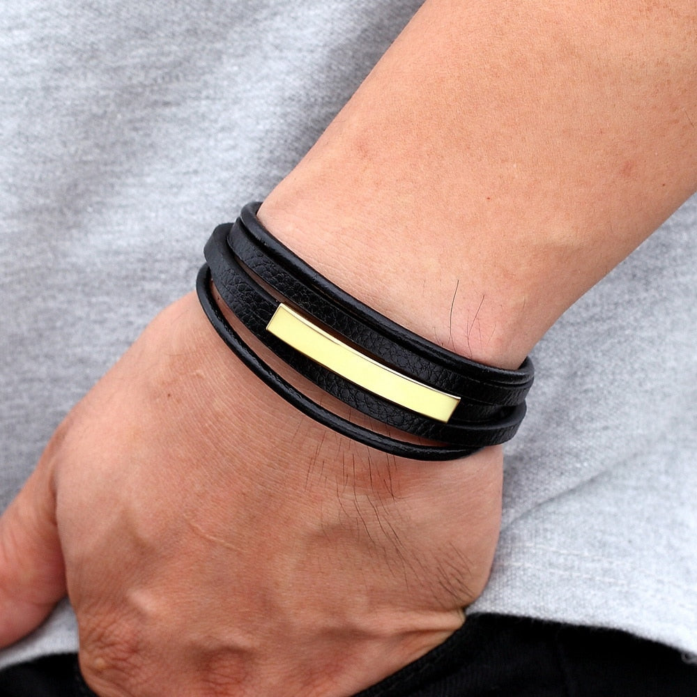 Arcadia Geometrisches Leder- und Edelstahl-Armband für Herren – Mehrlagiges Luxusdesign