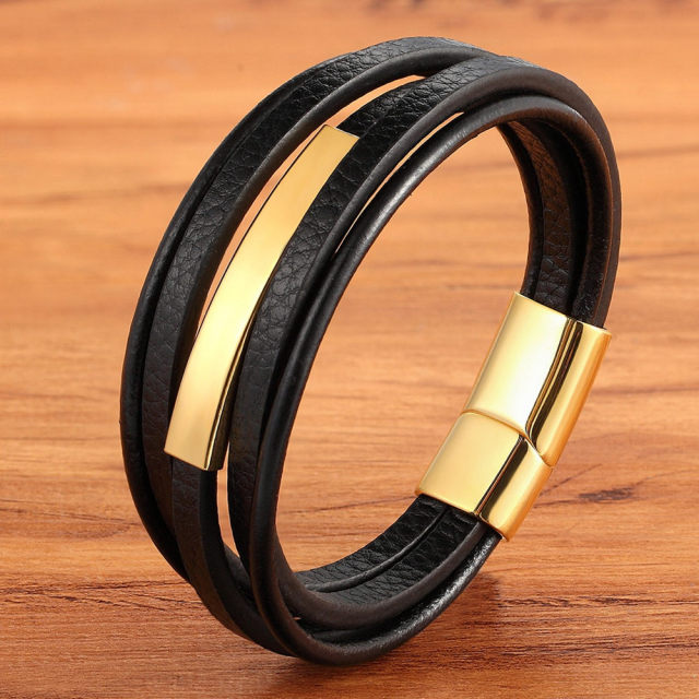 Arcadia Geometrisches Leder- und Edelstahl-Armband für Herren – Mehrlagiges Luxusdesign