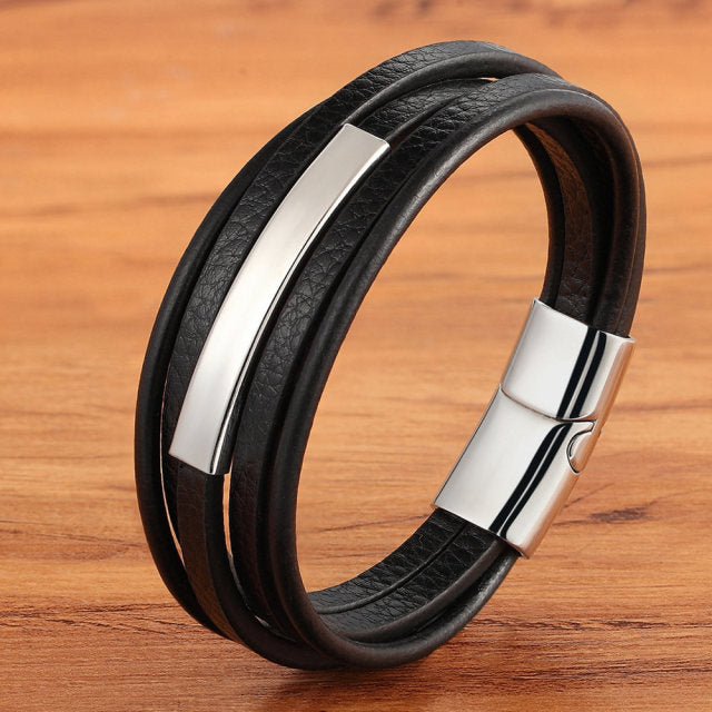Arcadia Geometrisches Leder- und Edelstahl-Armband für Herren – Mehrlagiges Luxusdesign