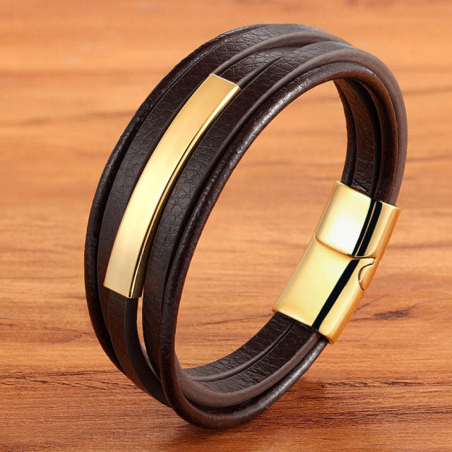 Arcadia Geometrisches Leder- und Edelstahl-Armband für Herren – Mehrlagiges Luxusdesign