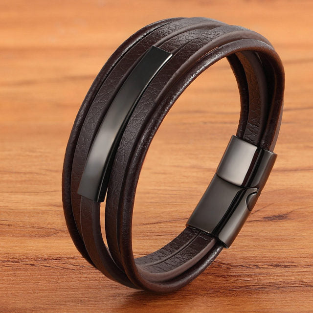 Arcadia Geometrisches Leder- und Edelstahl-Armband für Herren – Mehrlagiges Luxusdesign
