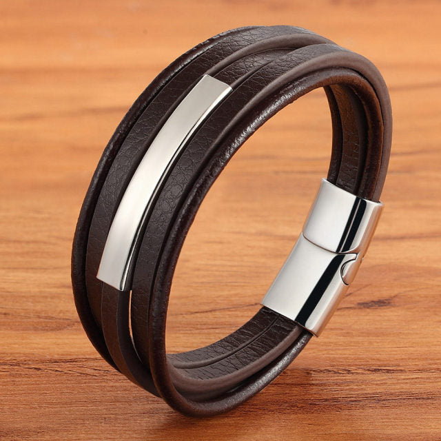 Arcadia Geometrisches Leder- und Edelstahl-Armband für Herren – Mehrlagiges Luxusdesign