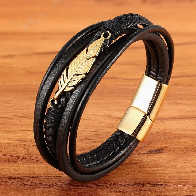Elfih Feder-Lederarmband – Mehrlagiges Edelstahl-Accessoire für Herren