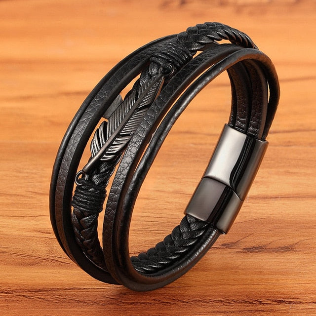 Elfih Feder-Lederarmband – Mehrlagiges Edelstahl-Accessoire für Herren