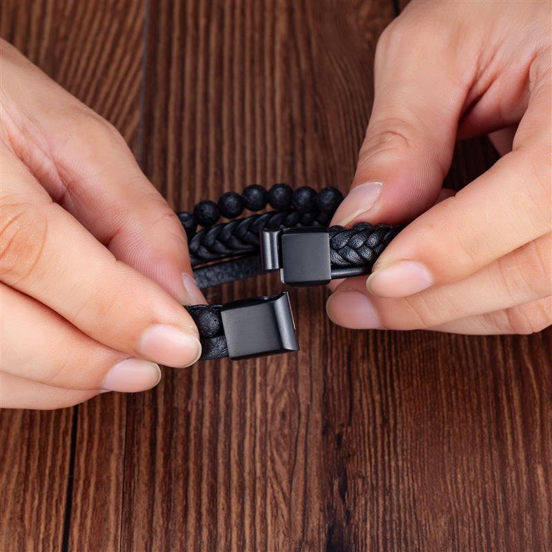 Vulkanstein Herren Lederarmband – Edelstahl Magnetverschluss