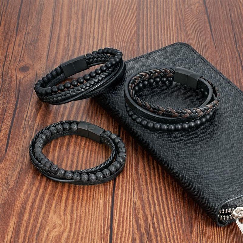 Vulkanstein Herren Lederarmband – Edelstahl Magnetverschluss