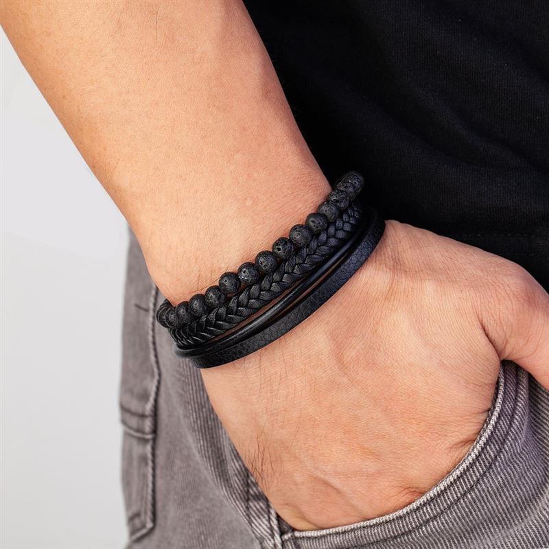 Vulkanstein Herren Lederarmband – Edelstahl Magnetverschluss