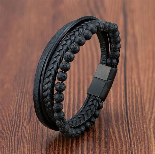 Vulkanstein Herren Lederarmband – Edelstahl Magnetverschluss