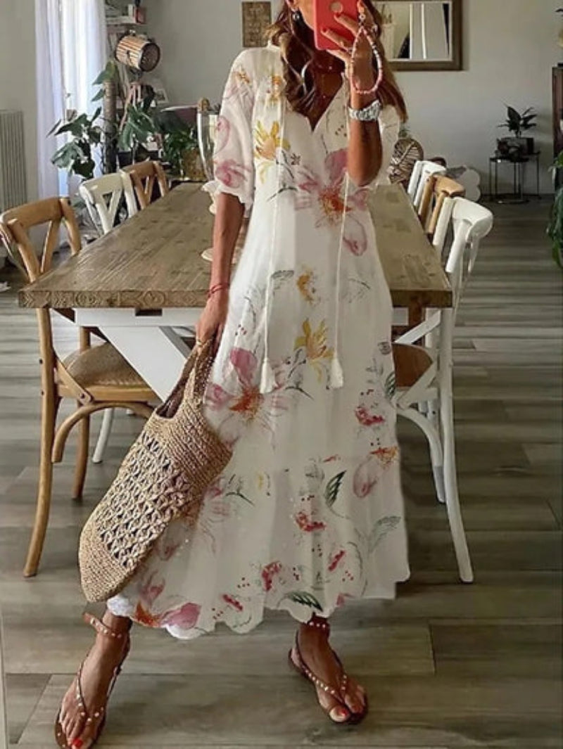 Andrea - Boho Vintage V-Ausschnitt Bedrucktes Kleid