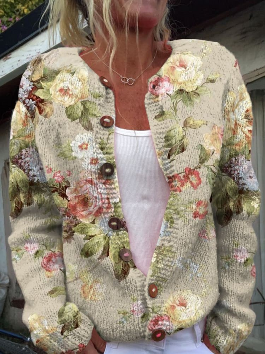 Retro Frische Blumenmuster Bedruckter Button-Cardigan-Pullover