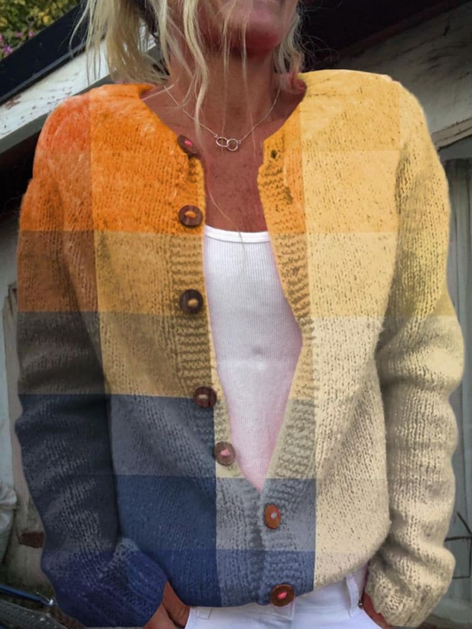Cardigan-Pullover mit Knopfleiste, Vintage-Orange-Blau-Gradient-Karomuster und Sunset-Abstrakt-Art-Print