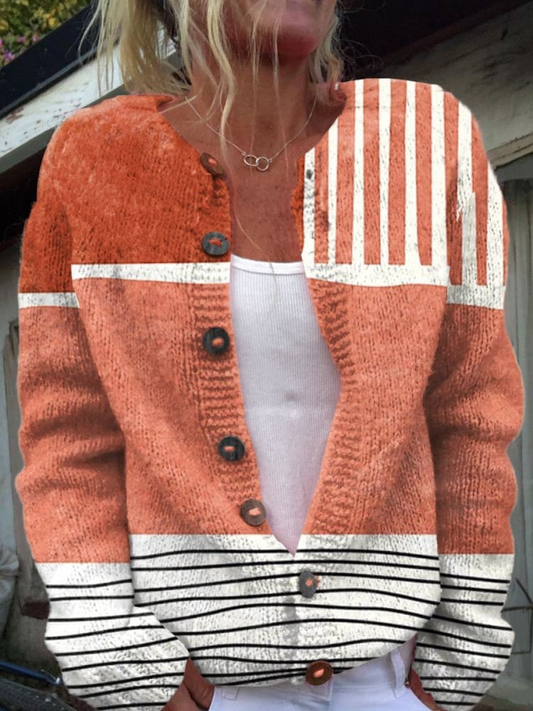 Cardigan-Pullover mit Knopfleiste im Retro-Abstrakt-Art-Print
