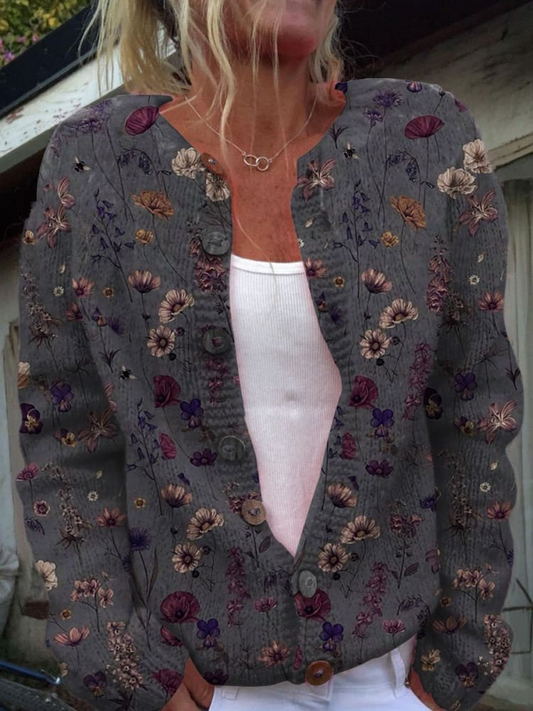 Blumen-Kunstdruck Button-Cardigan-Pullover