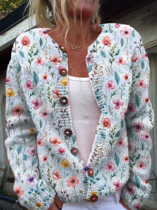 Vintage Blumen Kunstdruck Button-Cardigan-Pullover