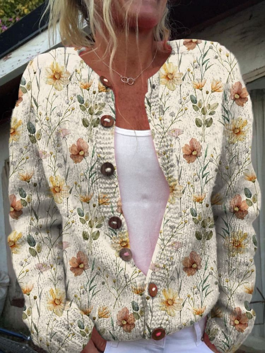 Aquarell-Garten-Blumenmuster Bedruckter Button-Cardigan-Pullover