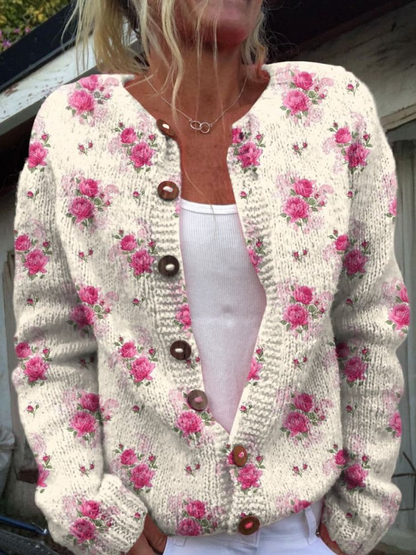 Aquarell Französische Rose Wiederholtes Muster Bedruckter Button-Cardigan-Pullover