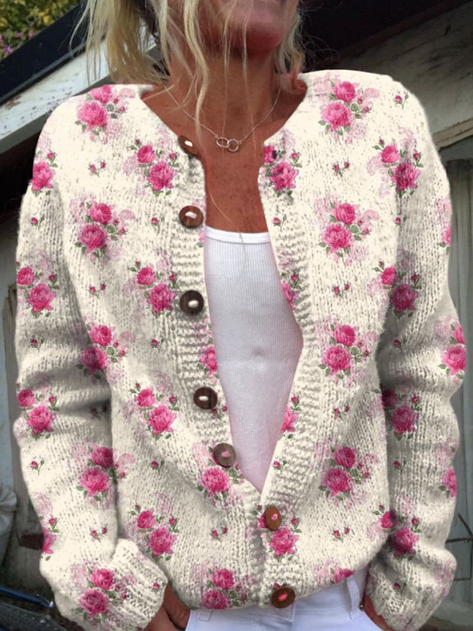 Aquarell Französische Rose Wiederholtes Muster Bedruckter Button-Cardigan-Pullover