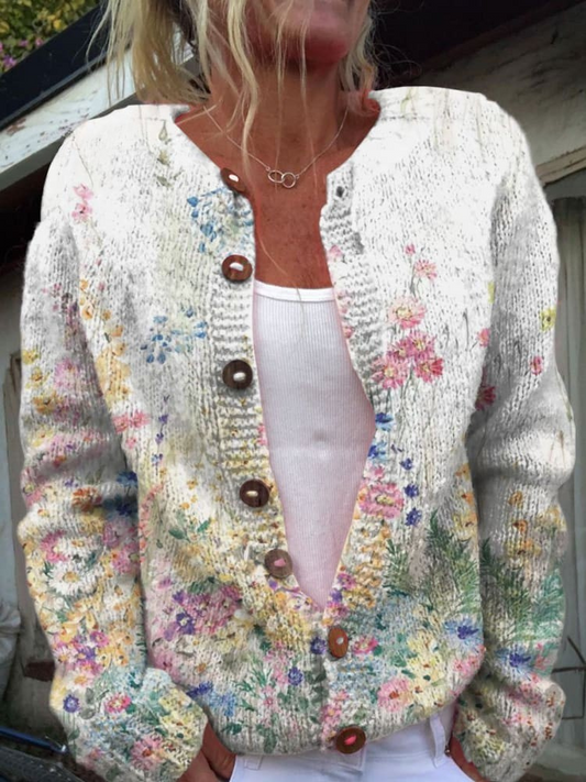 Vintage Blumen-Kunstdruck Button-Cardigan-Pullover